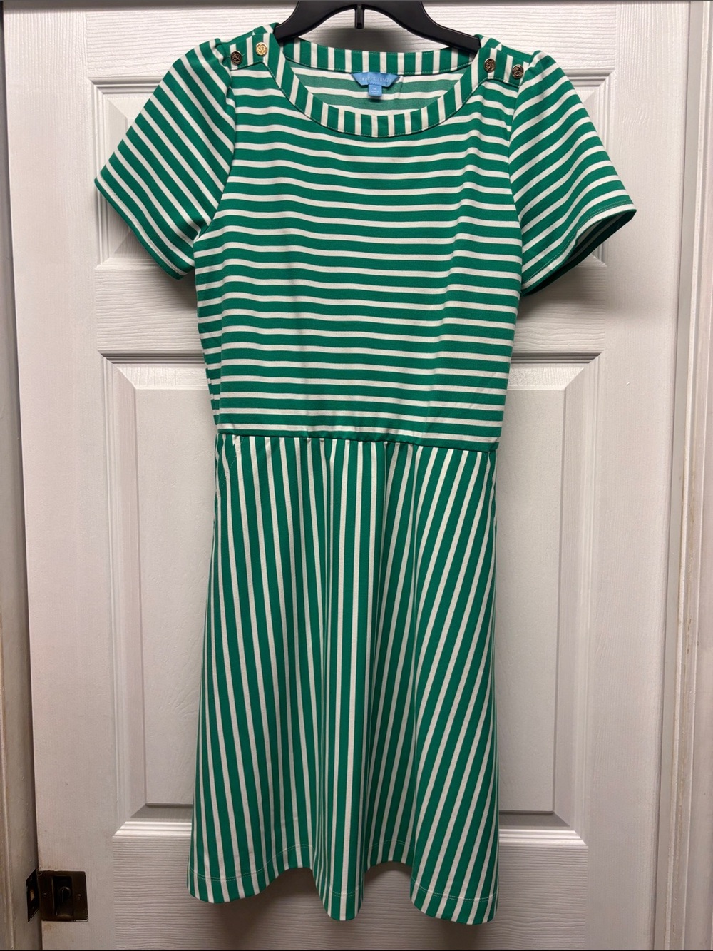 Draper James Green & White Striped Short Sleeve Dress Pockets Gold Buttons M